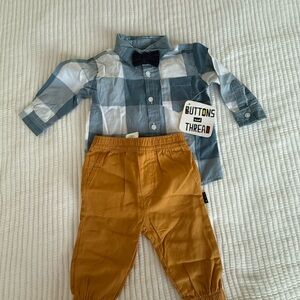 Kids Plaid Shirt and Pants Set - Blue and Tan